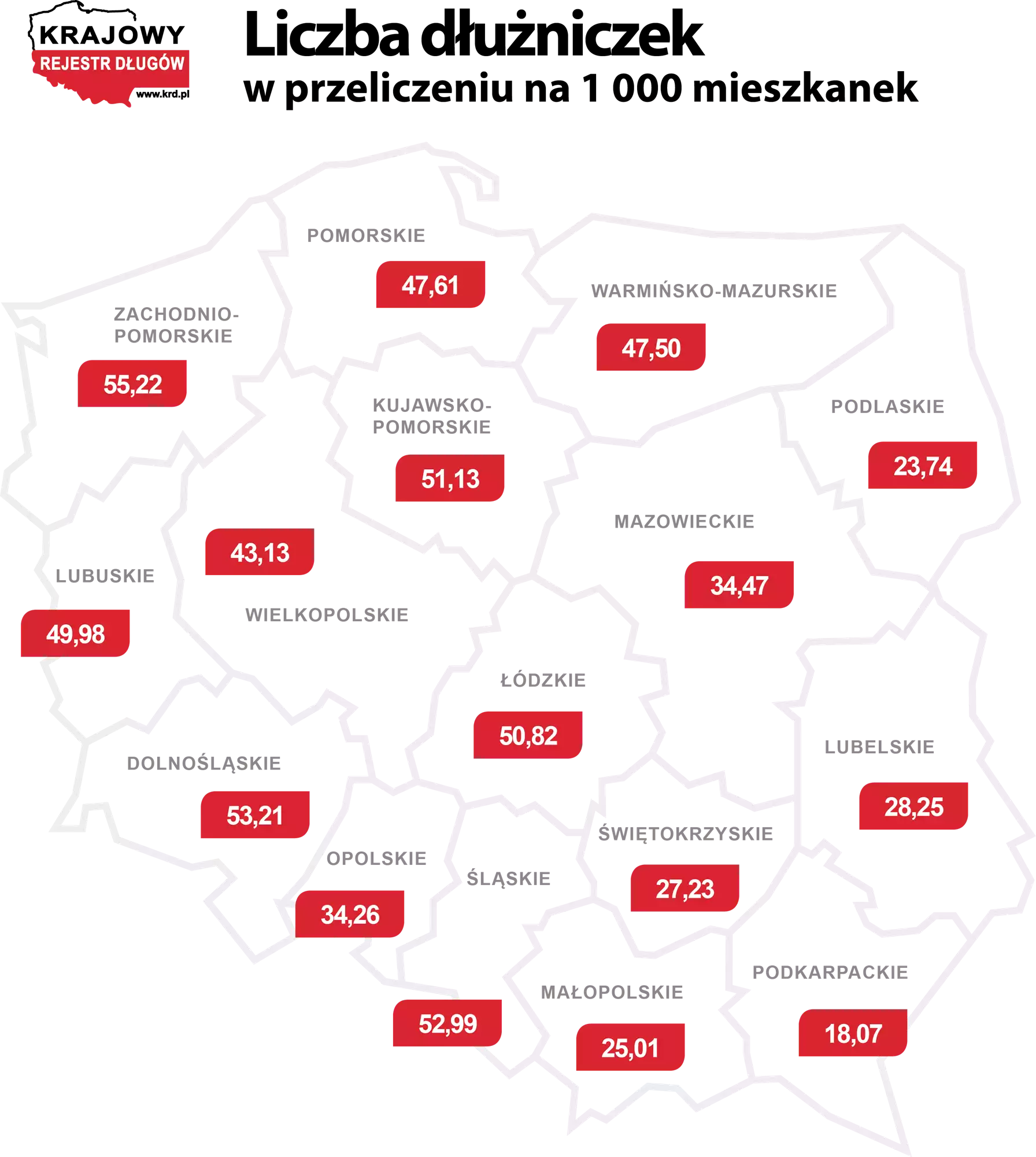 Liczba dłużniczek w Polsce - mapa
