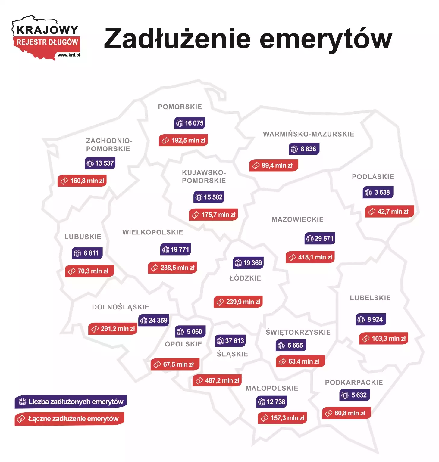 Zadłużenie emerytów mapa